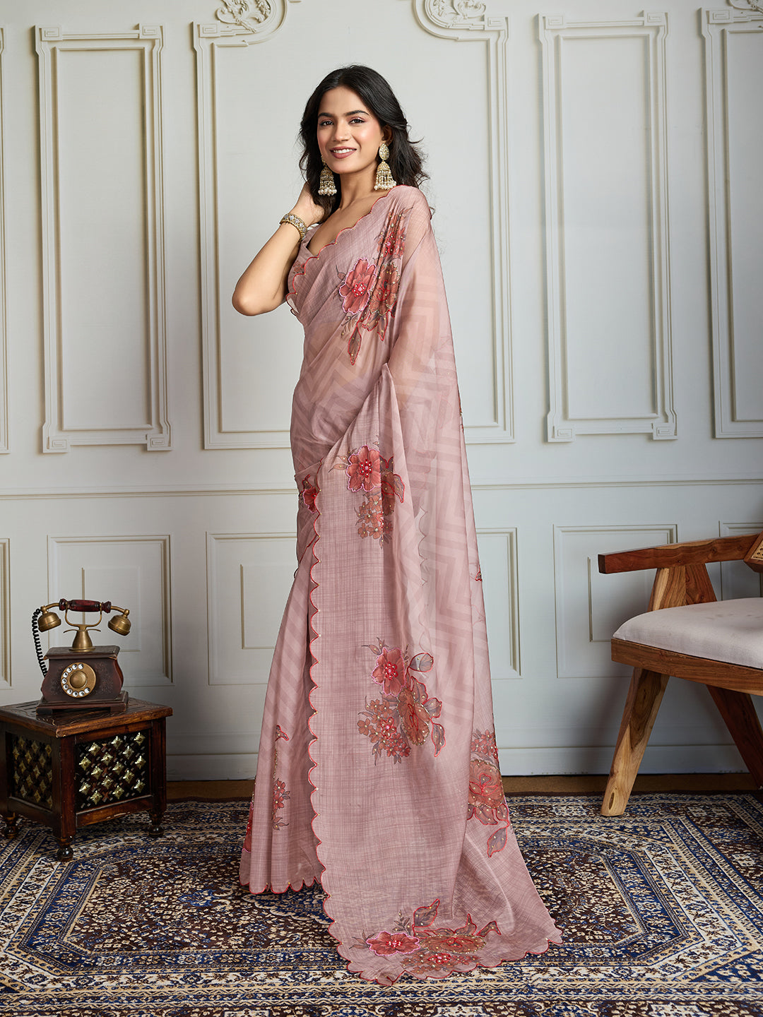 Jyoti Fashion Women's Beige Soft Tabby Organza Digital Printed Designer Saree with Blouse | Swadesiicart