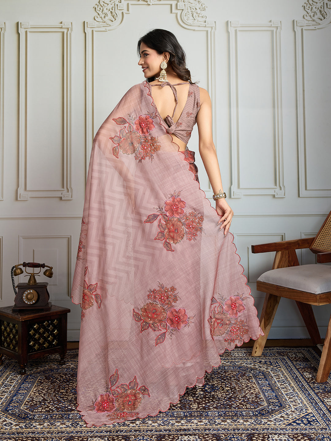 Jyoti Fashion Women's Beige Soft Tabby Organza Digital Printed Designer Saree with Blouse | Swadesiicart