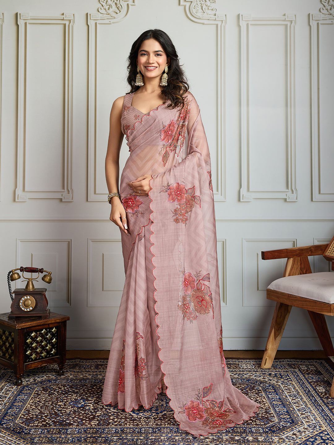 Jyoti Fashion Women's Beige Soft Tabby Organza Digital Printed Designer Saree with Blouse | Swadesiicart