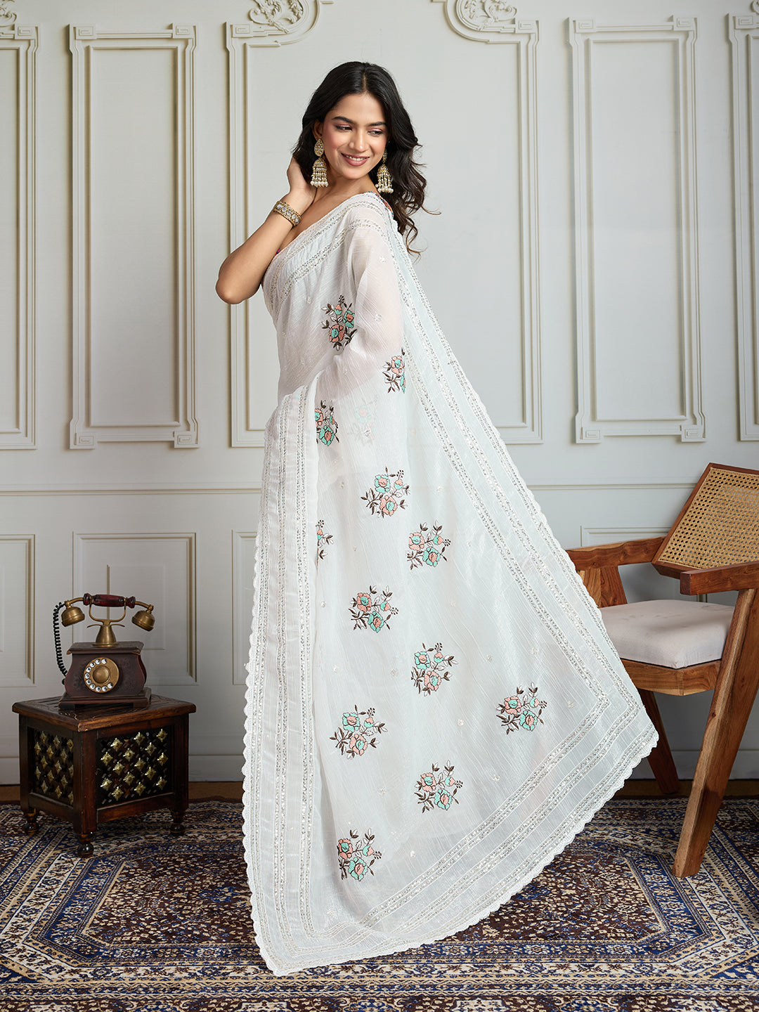 Jyoti Fashion Women's White Crush Organza Sequins Designer Saree with Blouse | Swadesiicart