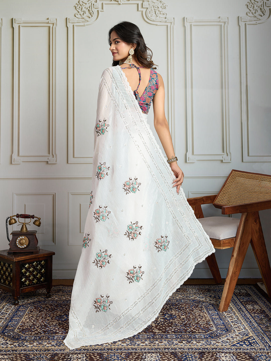 Jyoti Fashion Women's White Crush Organza Sequins Designer Saree with Blouse | Swadesiicart