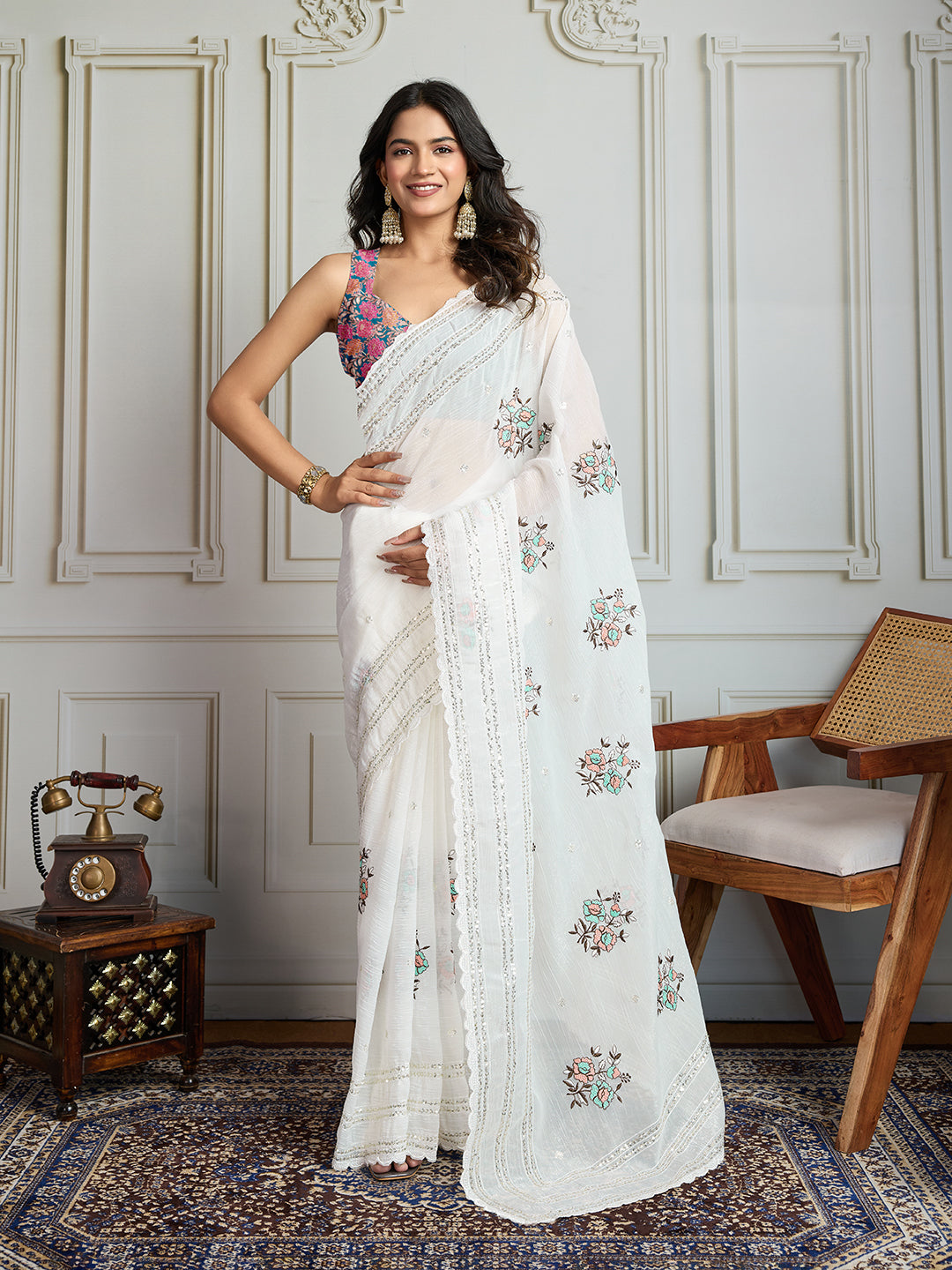 Jyoti Fashion Women's White Crush Organza Sequins Designer Saree with Blouse | Swadesiicart