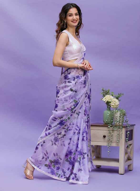Jyoti Fashion Women's Purple Digital Print with Sequence Lace work Chinon Saree with Blouse | Swadesiicart