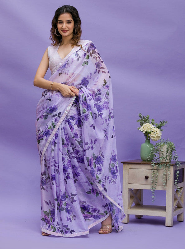 Jyoti Fashion Women's Purple Digital Print with Sequence Lace work Chinon Saree with Blouse | Swadesiicart
