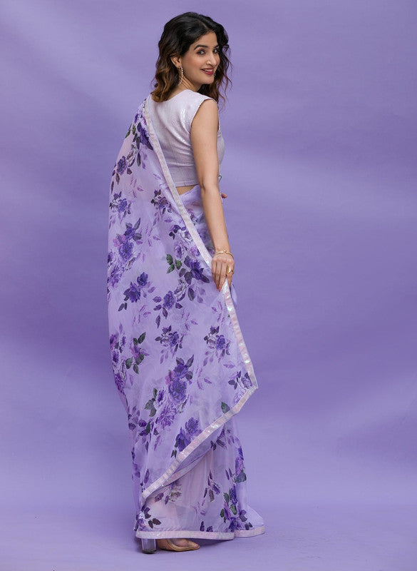Jyoti Fashion Women's Purple Digital Print with Sequence Lace work Chinon Saree with Blouse | Swadesiicart