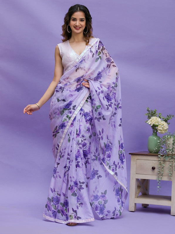 Jyoti Fashion Women's Purple Digital Print with Sequence Lace work Chinon Saree with Blouse | Swadesiicart