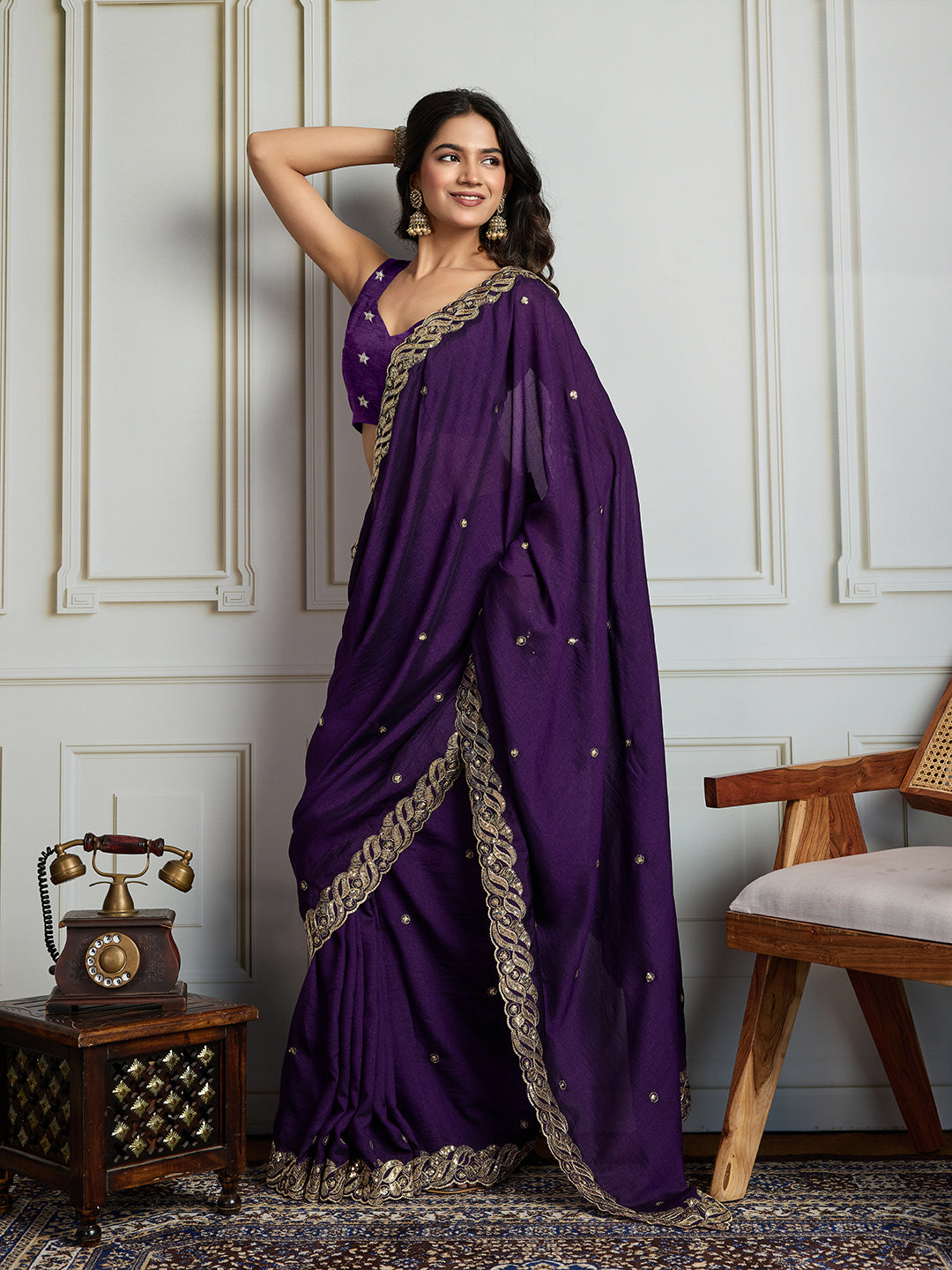 Jyoti Fashion Women's Purple Satin Silk Sequins Designer Saree with Blouse | Swadesiicart