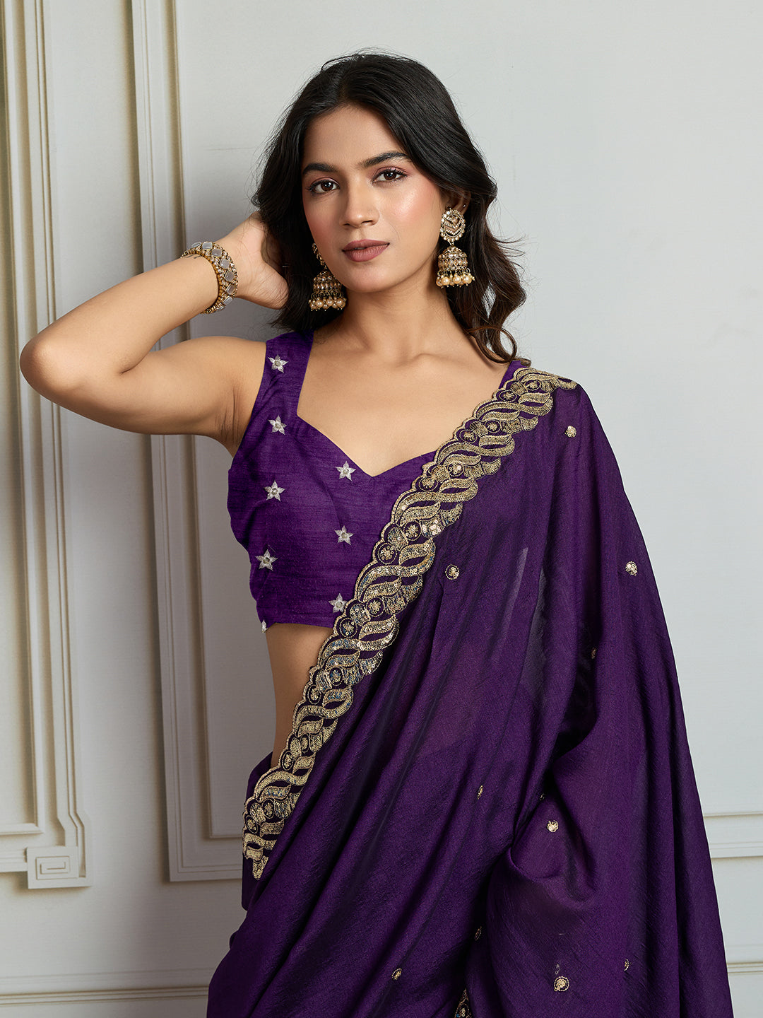 Jyoti Fashion Women's Purple Satin Silk Sequins Designer Saree with Blouse | Swadesiicart