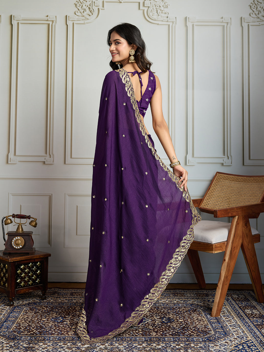 Jyoti Fashion Women's Purple Satin Silk Sequins Designer Saree with Blouse | Swadesiicart