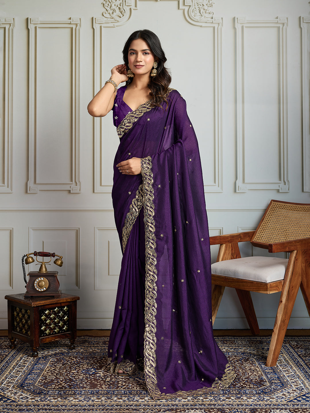 Jyoti Fashion Women's Purple Satin Silk Sequins Designer Saree with Blouse | Swadesiicart