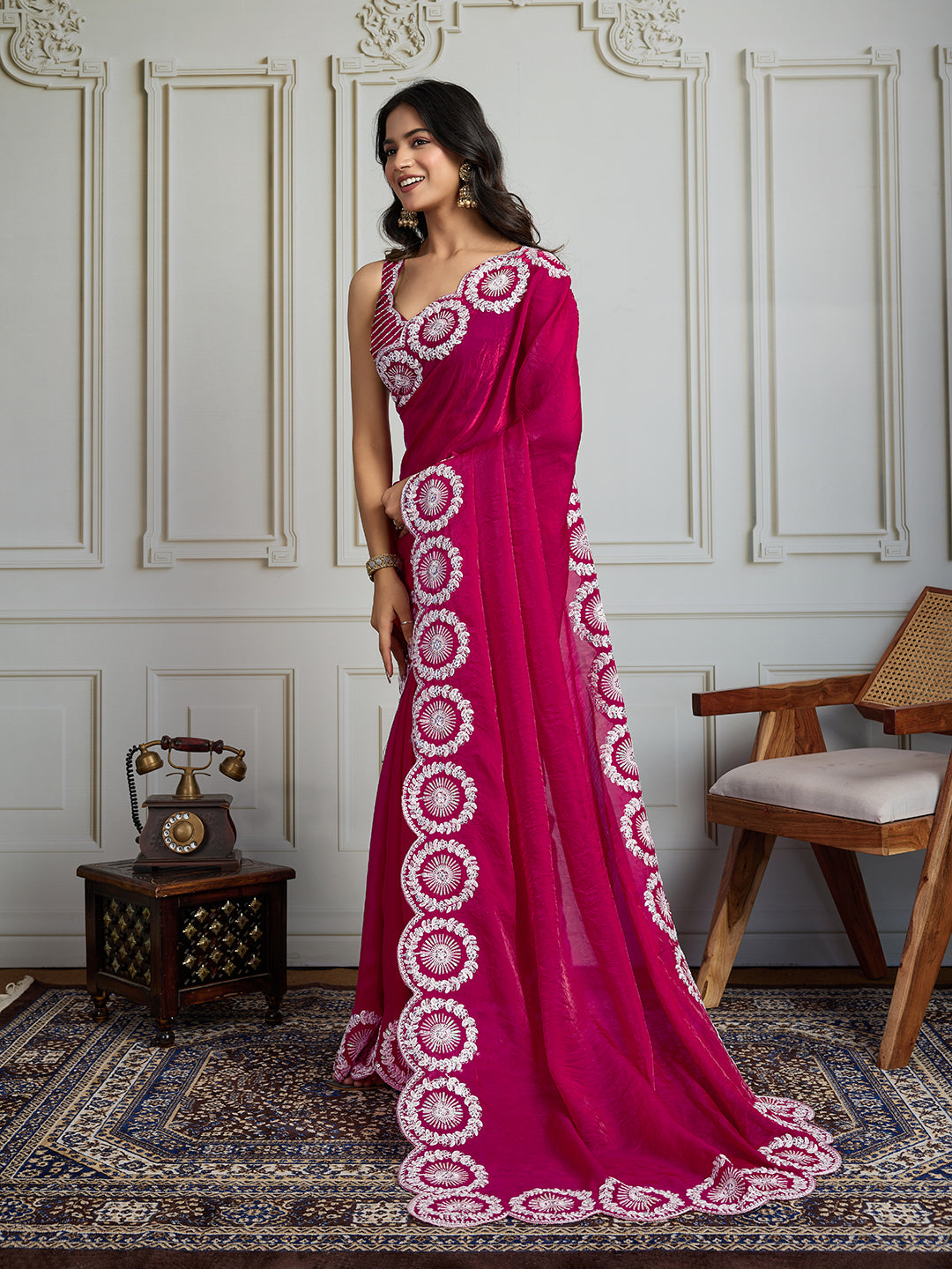 Jyoti Fashion Women's Pink Fandy Satin Embroidered Designer Saree with Blouse | Swadesiicart