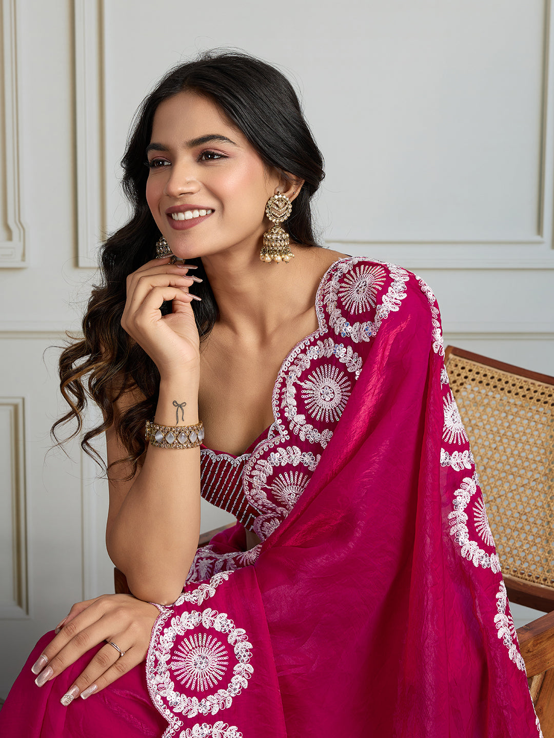Jyoti Fashion Women's Pink Fandy Satin Embroidered Designer Saree with Blouse | Swadesiicart