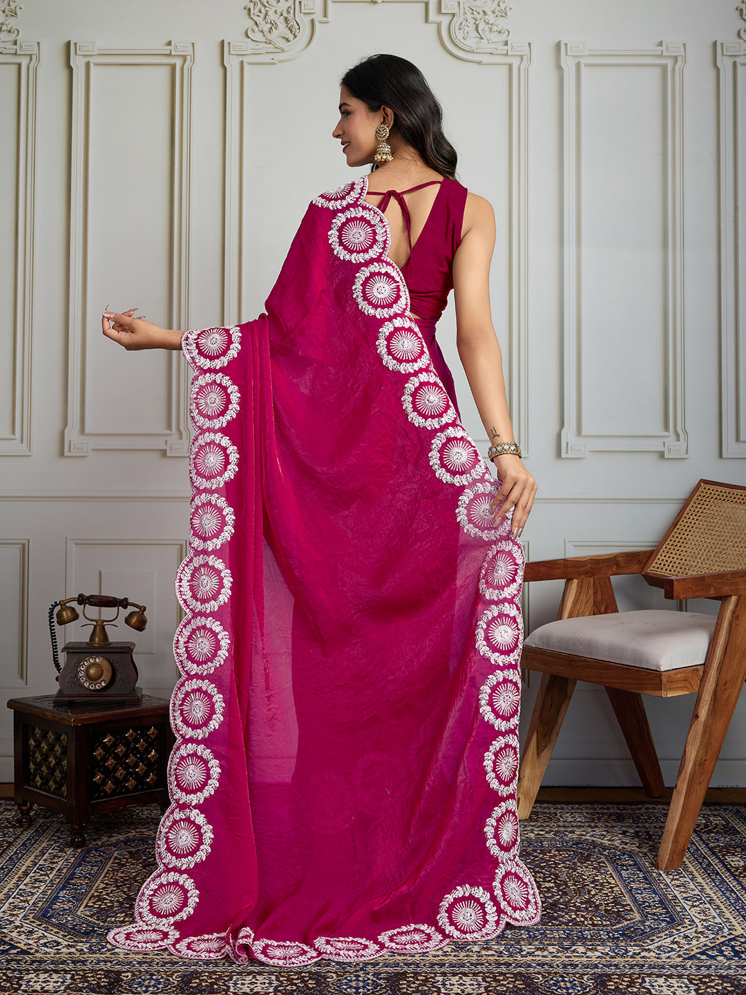 Jyoti Fashion Women's Pink Fandy Satin Embroidered Designer Saree with Blouse | Swadesiicart
