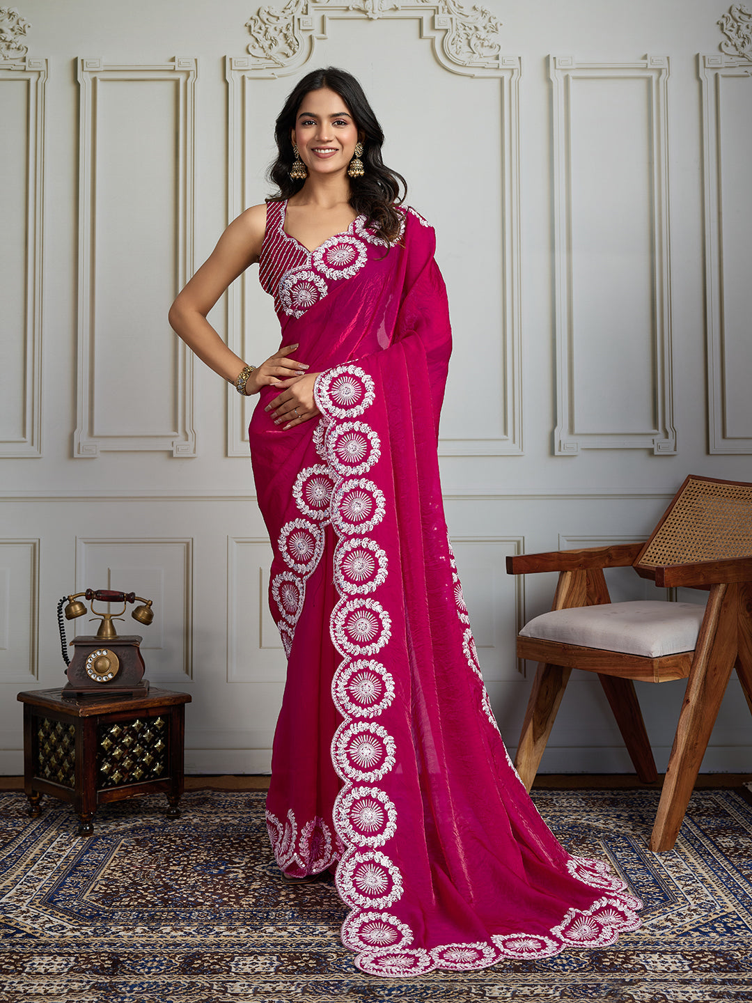 Jyoti Fashion Women's Pink Fandy Satin Embroidered Designer Saree with Blouse | Swadesiicart