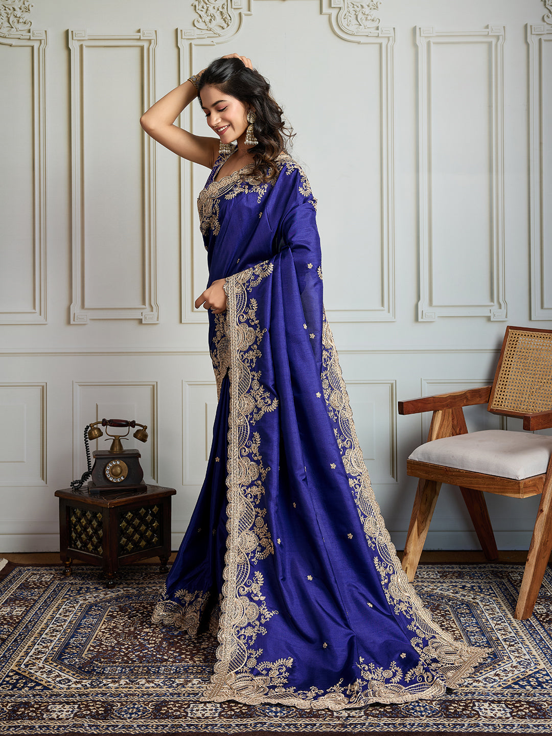 Jyoti Fashion Women's Blue Jimmy Choo Silk Embroidered Designer Saree with Blouse | Swadesiicart