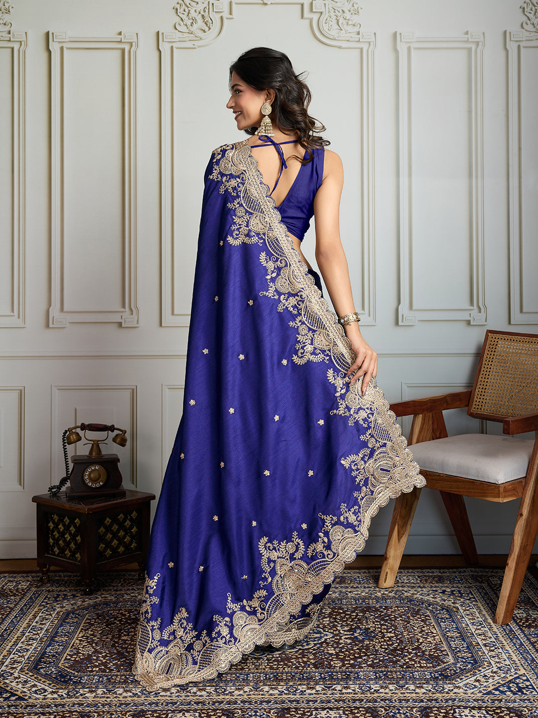 Jyoti Fashion Women's Blue Jimmy Choo Silk Embroidered Designer Saree with Blouse | Swadesiicart