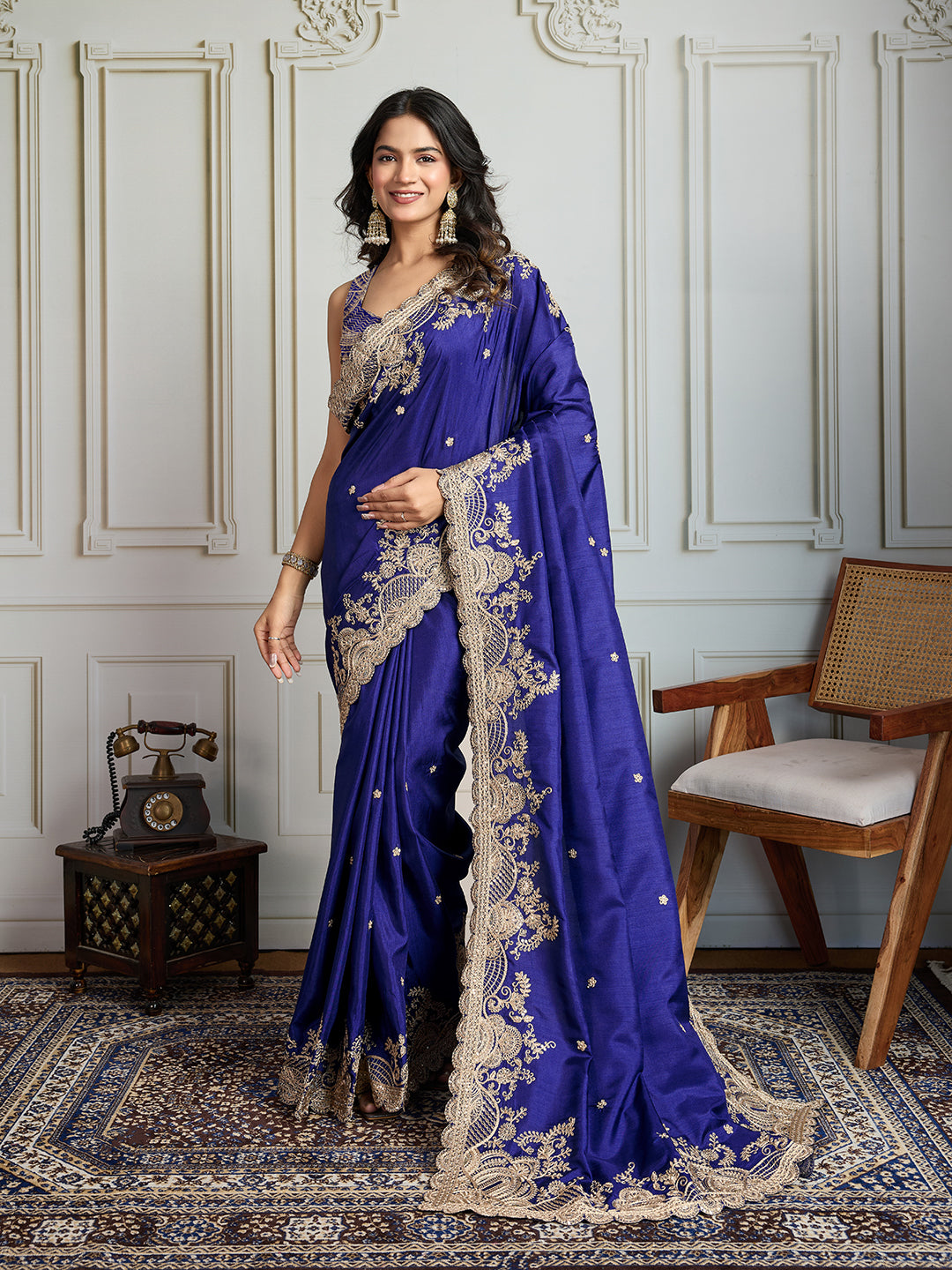 Jyoti Fashion Women's Blue Jimmy Choo Silk Embroidered Designer Saree with Blouse | Swadesiicart