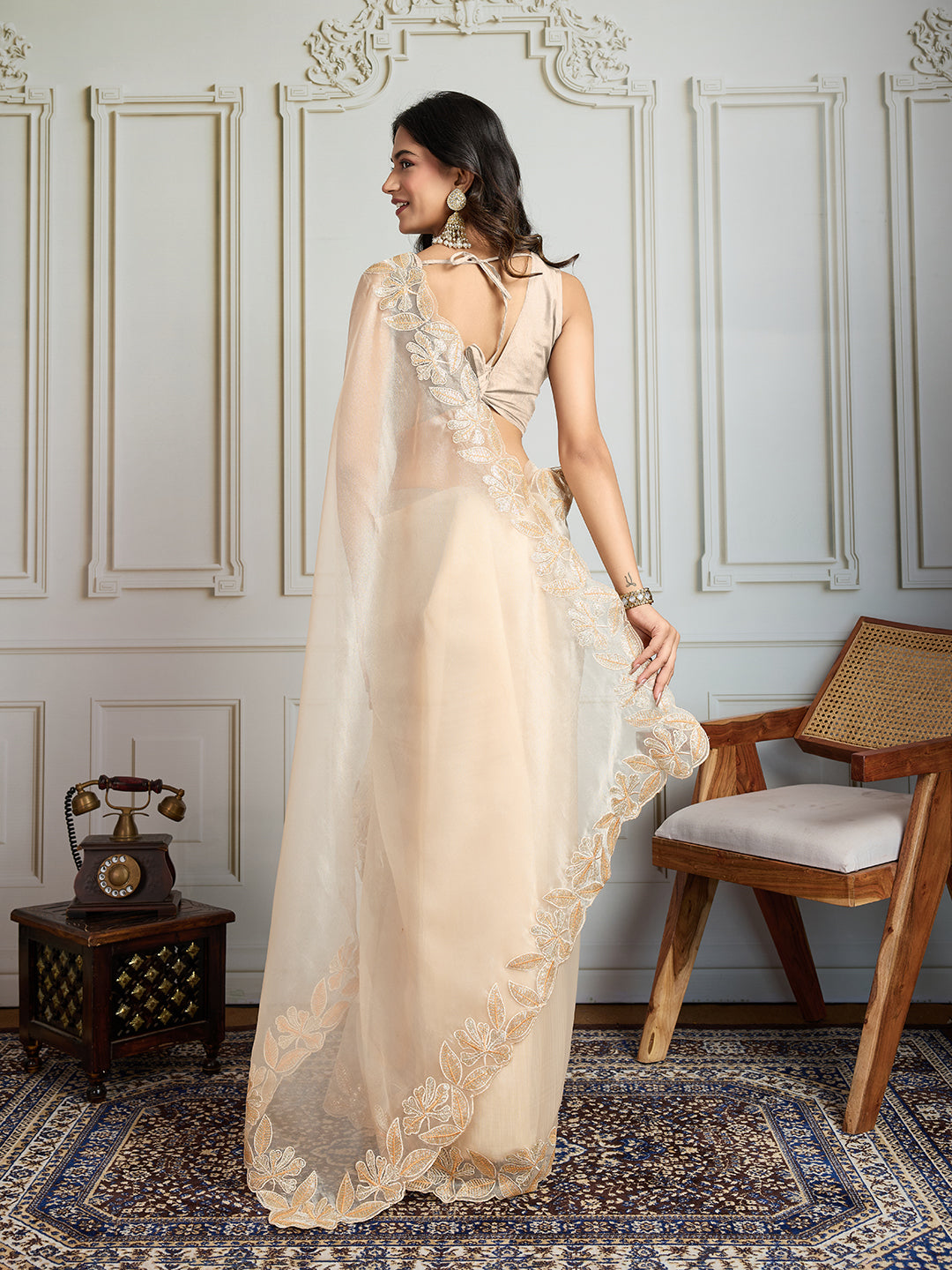 Jyoti Fashion Women's Cream Organza Embroidered Designer Saree with Blouse | Swadesiicart