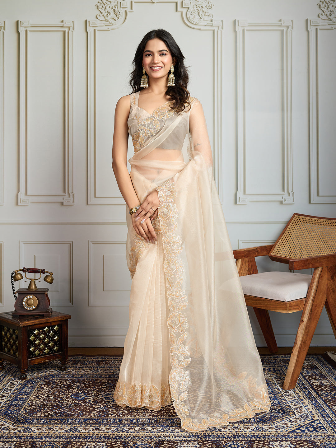 Jyoti Fashion Women's Cream Organza Embroidered Designer Saree with Blouse | Swadesiicart