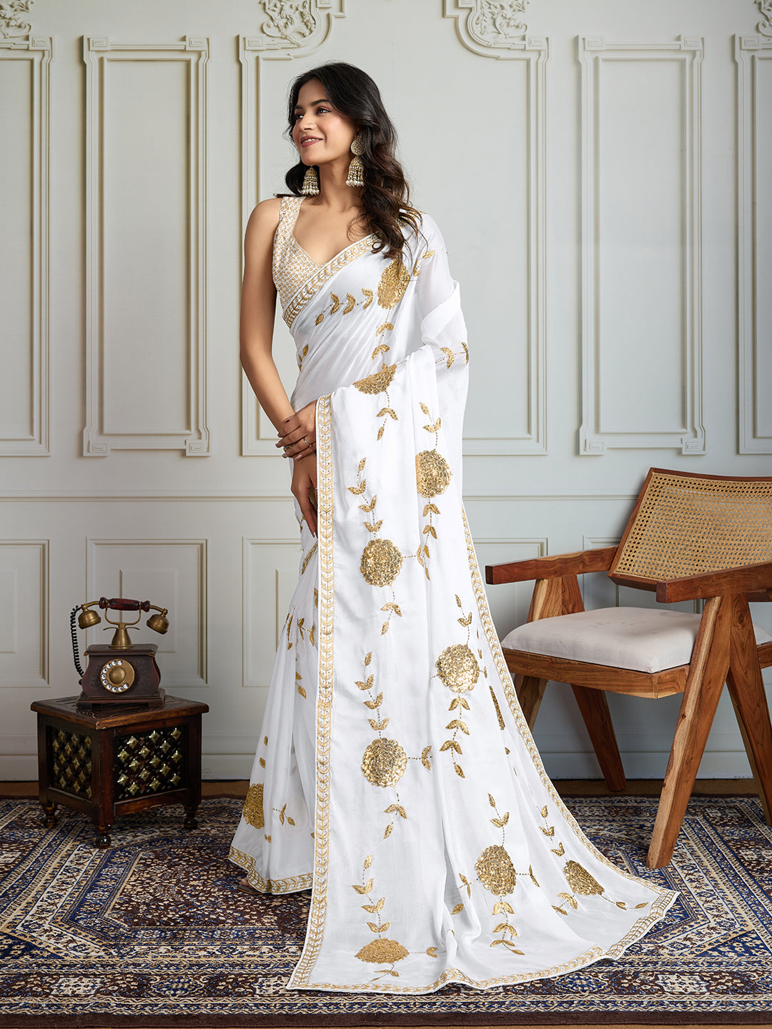 Jyoti Fashion Women's White Georgette Embroidered Designer Saree with Blouse | Swadesiicart