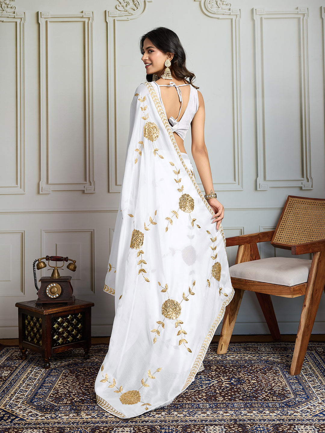 Jyoti Fashion Women's White Georgette Embroidered Designer Saree with Blouse | Swadesiicart