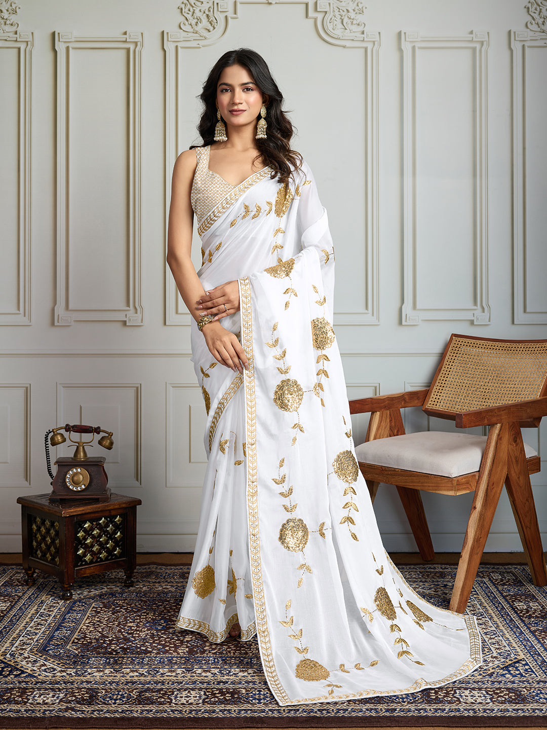Jyoti Fashion Women's White Georgette Embroidered Designer Saree with Blouse | Swadesiicart