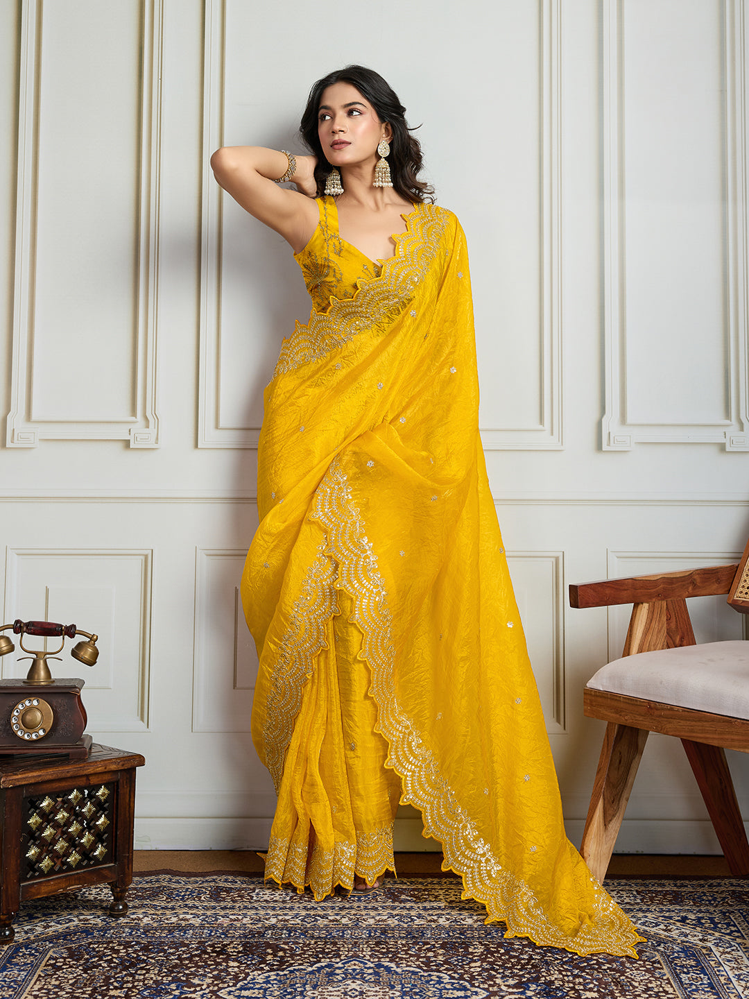 Jyoti Fashion Women's Yellow Gold Crush Silk Embroidered Designer Saree with Blouse | Swadesiicart