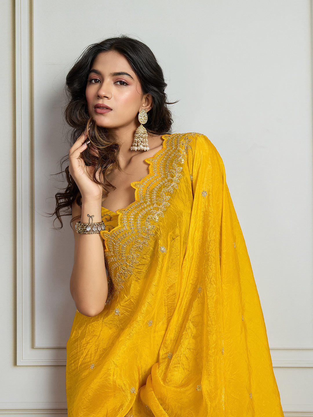 Jyoti Fashion Women's Yellow Gold Crush Silk Embroidered Designer Saree with Blouse | Swadesiicart