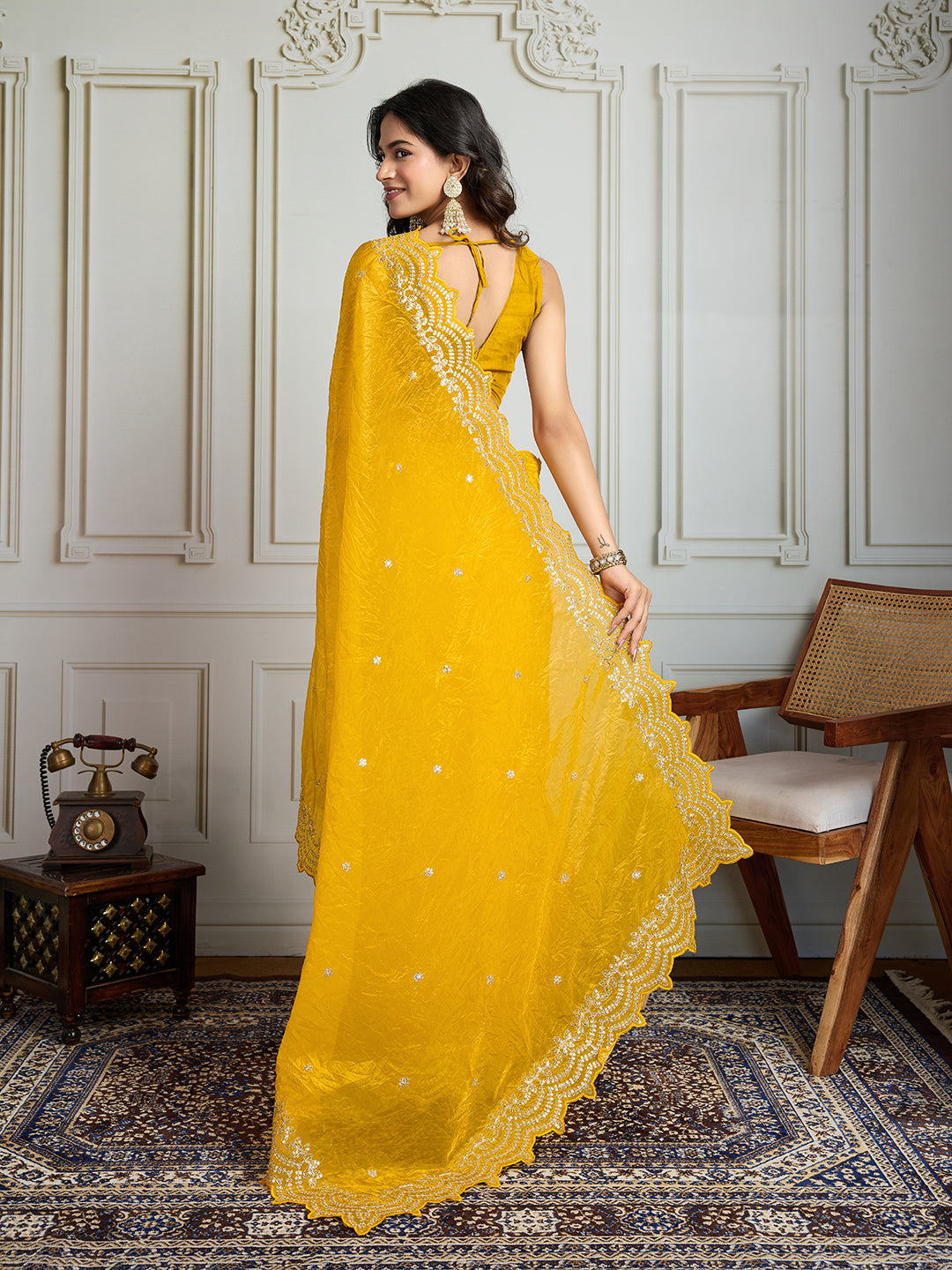 Jyoti Fashion Women's Yellow Gold Crush Silk Embroidered Designer Saree with Blouse | Swadesiicart