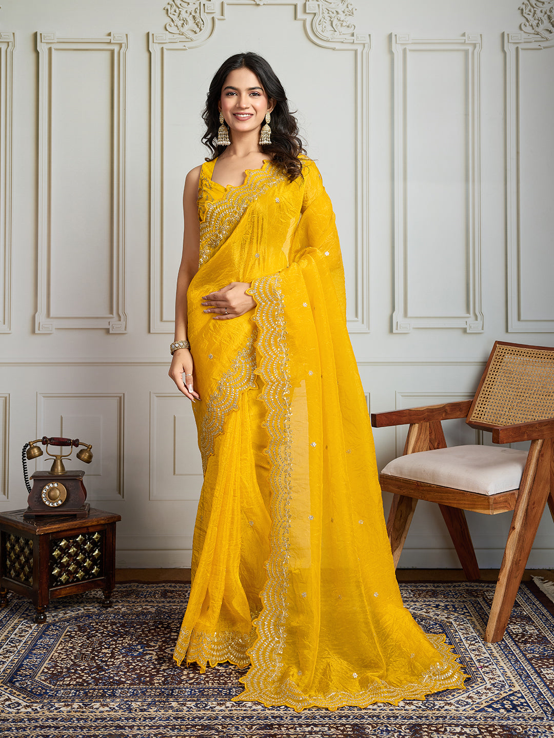Jyoti Fashion Women's Yellow Gold Crush Silk Embroidered Designer Saree with Blouse | Swadesiicart