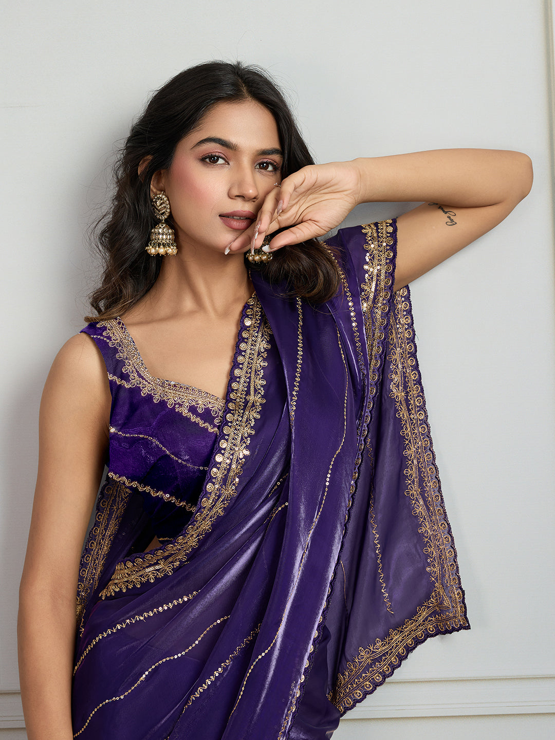 Jyoti Fashion Women's Purple Jimmy Choo Sequins Designer Saree with Blouse | Swadesiicart