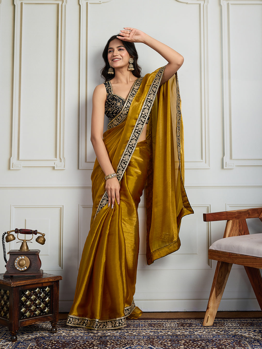Jyoti Fashion Women's Mustard Satin Silk Embroidered Designer Saree with Blouse | Swadesiicart