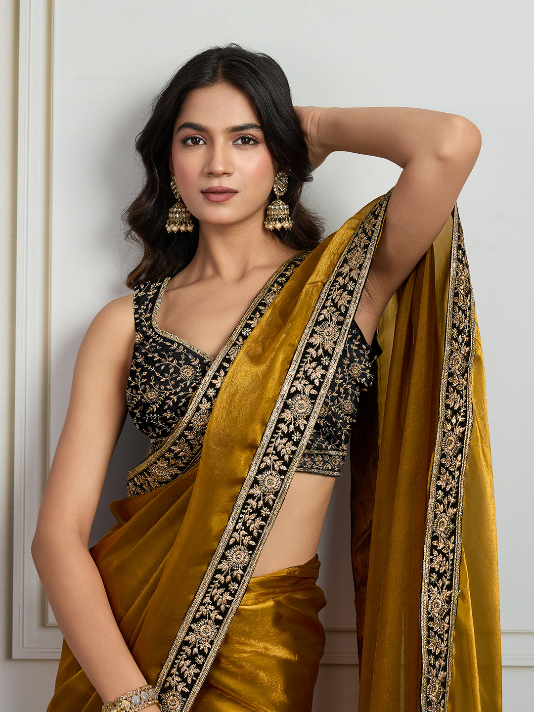 Jyoti Fashion Women's Mustard Satin Silk Embroidered Designer Saree with Blouse | Swadesiicart