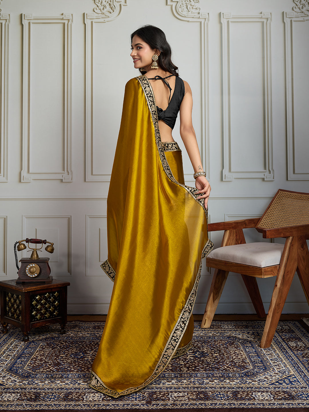 Jyoti Fashion Women's Mustard Satin Silk Embroidered Designer Saree with Blouse | Swadesiicart