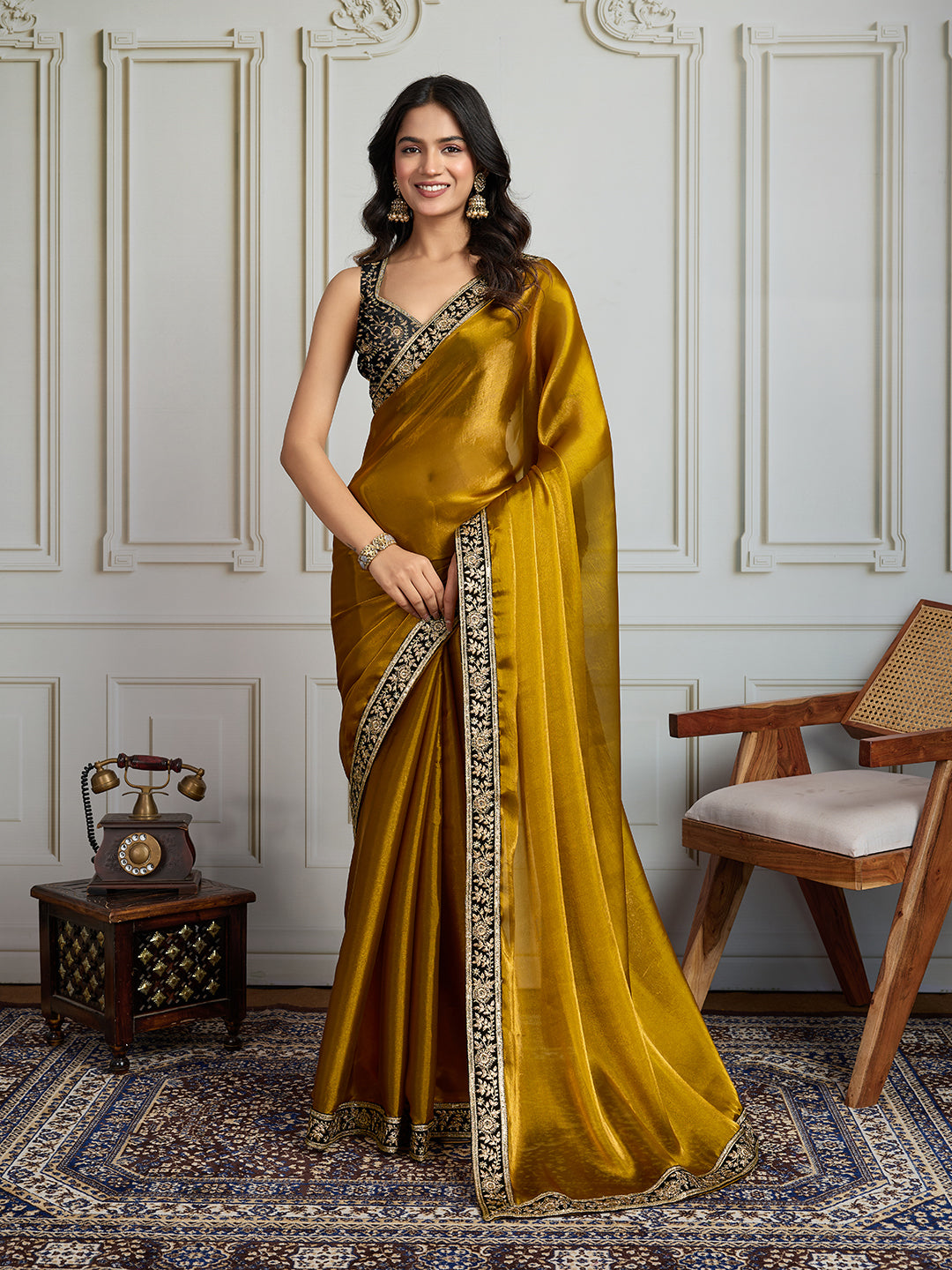 Jyoti Fashion Women's Mustard Satin Silk Embroidered Designer Saree with Blouse | Swadesiicart