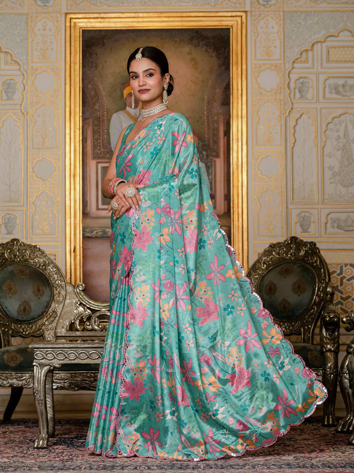 Jyoti Fashion Women's Sea Green Chinon Digital Print with Mirror Saree with Blouse | Swadesiicart