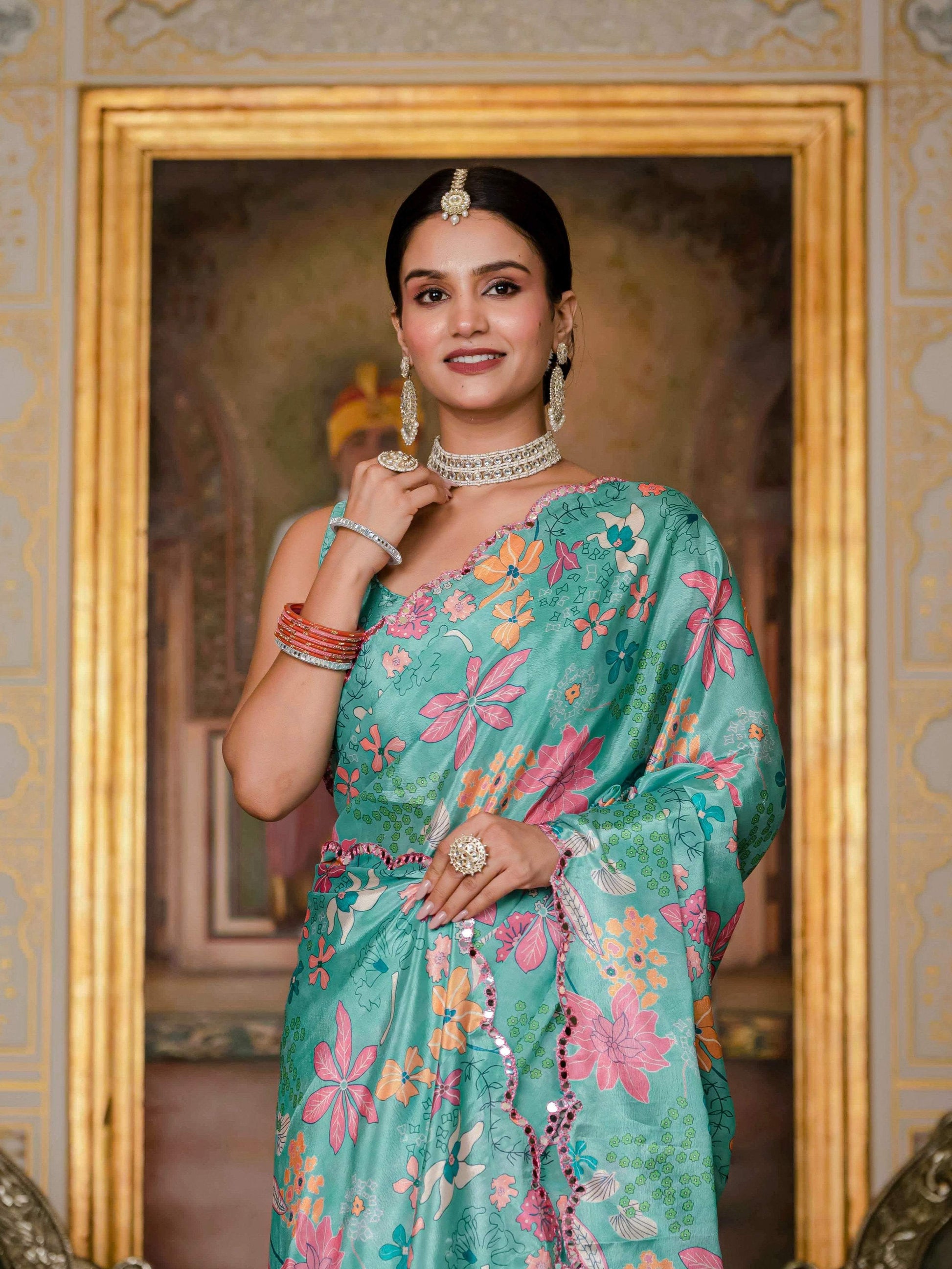 Jyoti Fashion Women's Sea Green Chinon Digital Print with Mirror Saree with Blouse | Swadesiicart