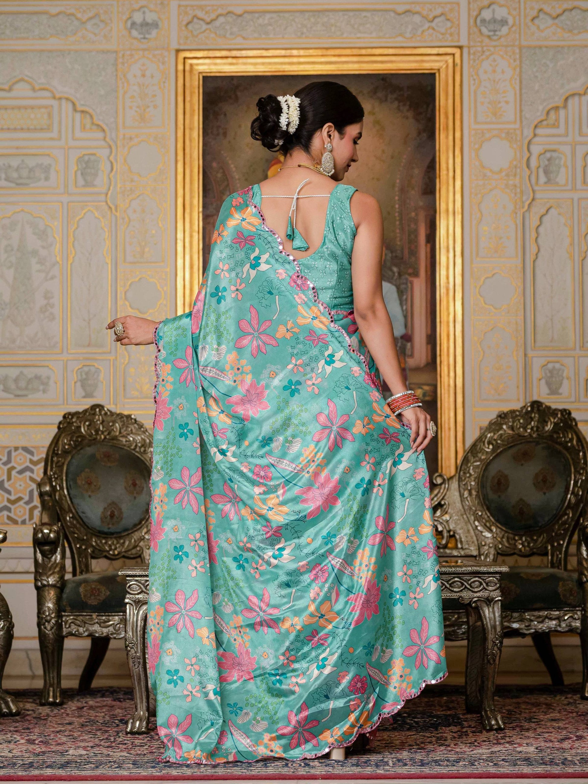 Jyoti Fashion Women's Sea Green Chinon Digital Print with Mirror Saree with Blouse | Swadesiicart