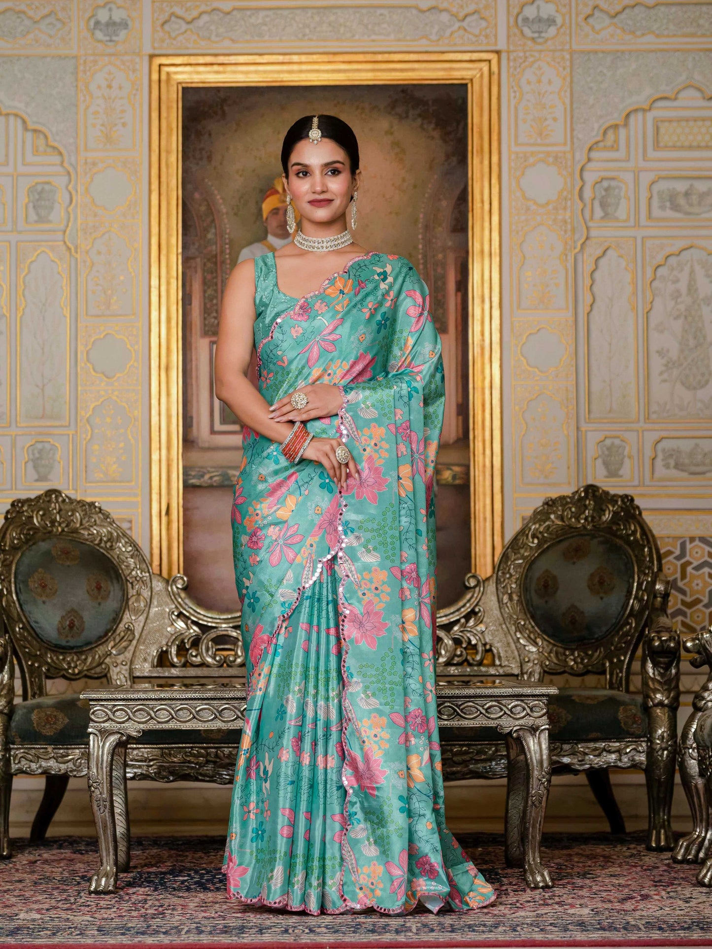 Jyoti Fashion Women's Sea Green Chinon Digital Print with Mirror Saree with Blouse | Swadesiicart