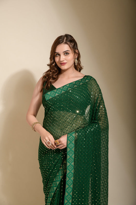 Jyoti Fashion Women's Green Sequence Embroidery Georgette Saree with Blouse | Swadesiicart
