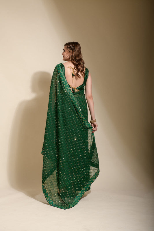 Jyoti Fashion Women's Green Sequence Embroidery Georgette Saree with Blouse | Swadesiicart
