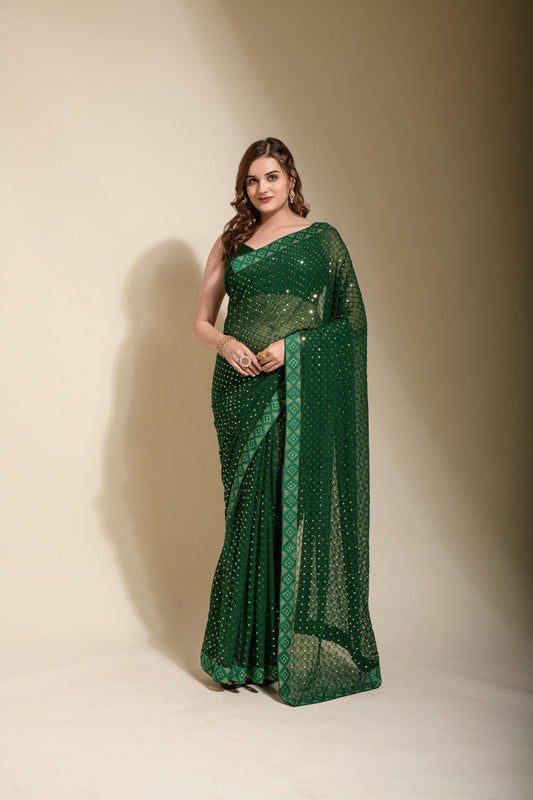 Jyoti Fashion Women's Green Sequence Embroidery Georgette Saree with Blouse | Swadesiicart