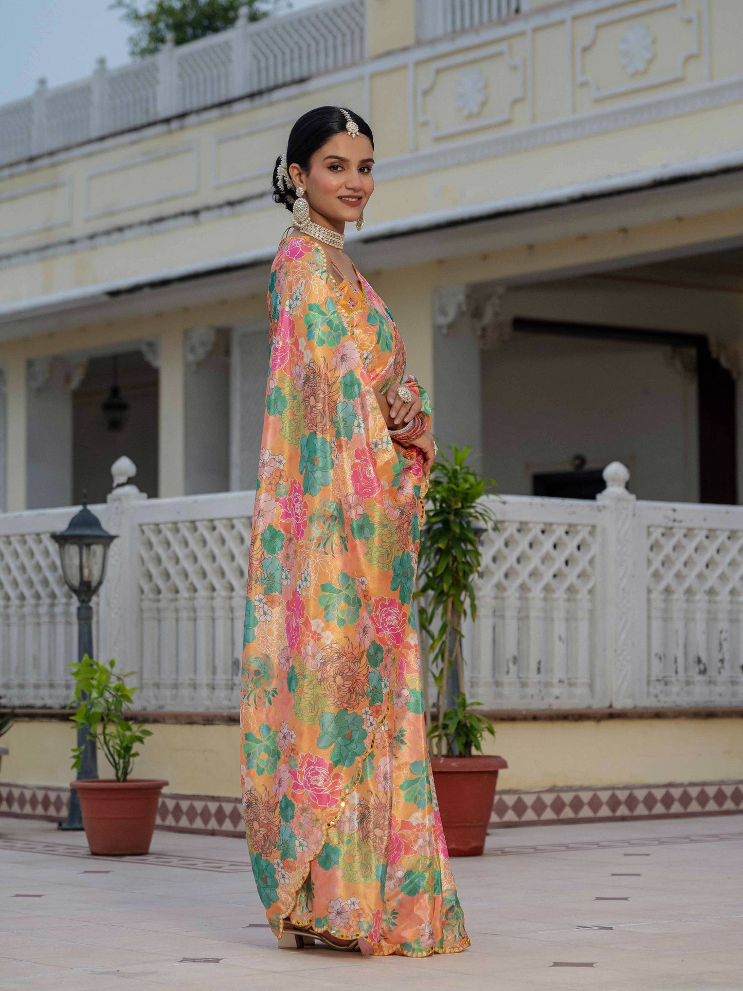 Jyoti Fashion Women's Multicolor Chinon Digital Print with Mirror Saree with Blouse | Swadesiicart