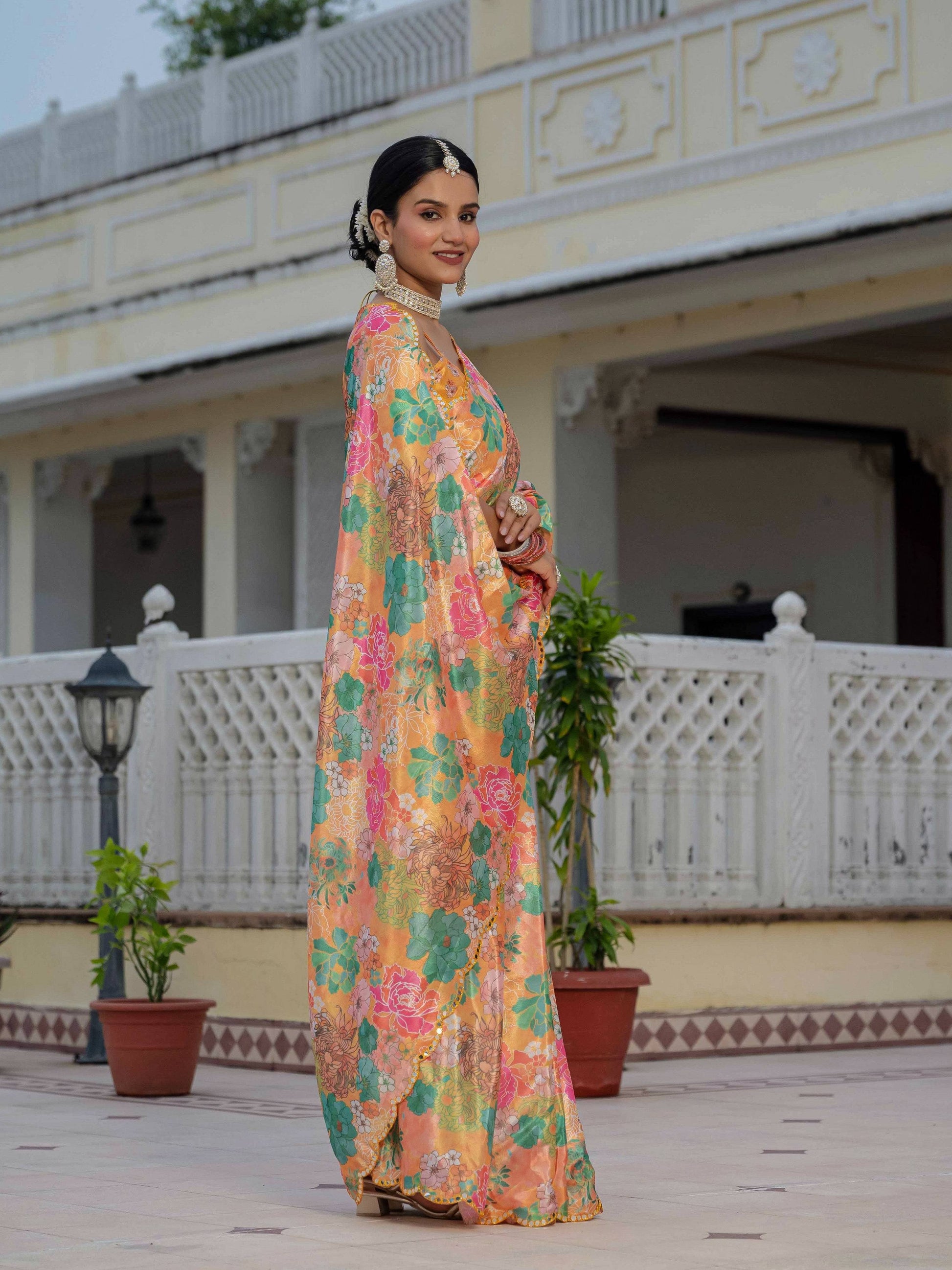 Jyoti Fashion Women's Multicolor Chinon Digital Print with Mirror Saree with Blouse | Swadesiicart