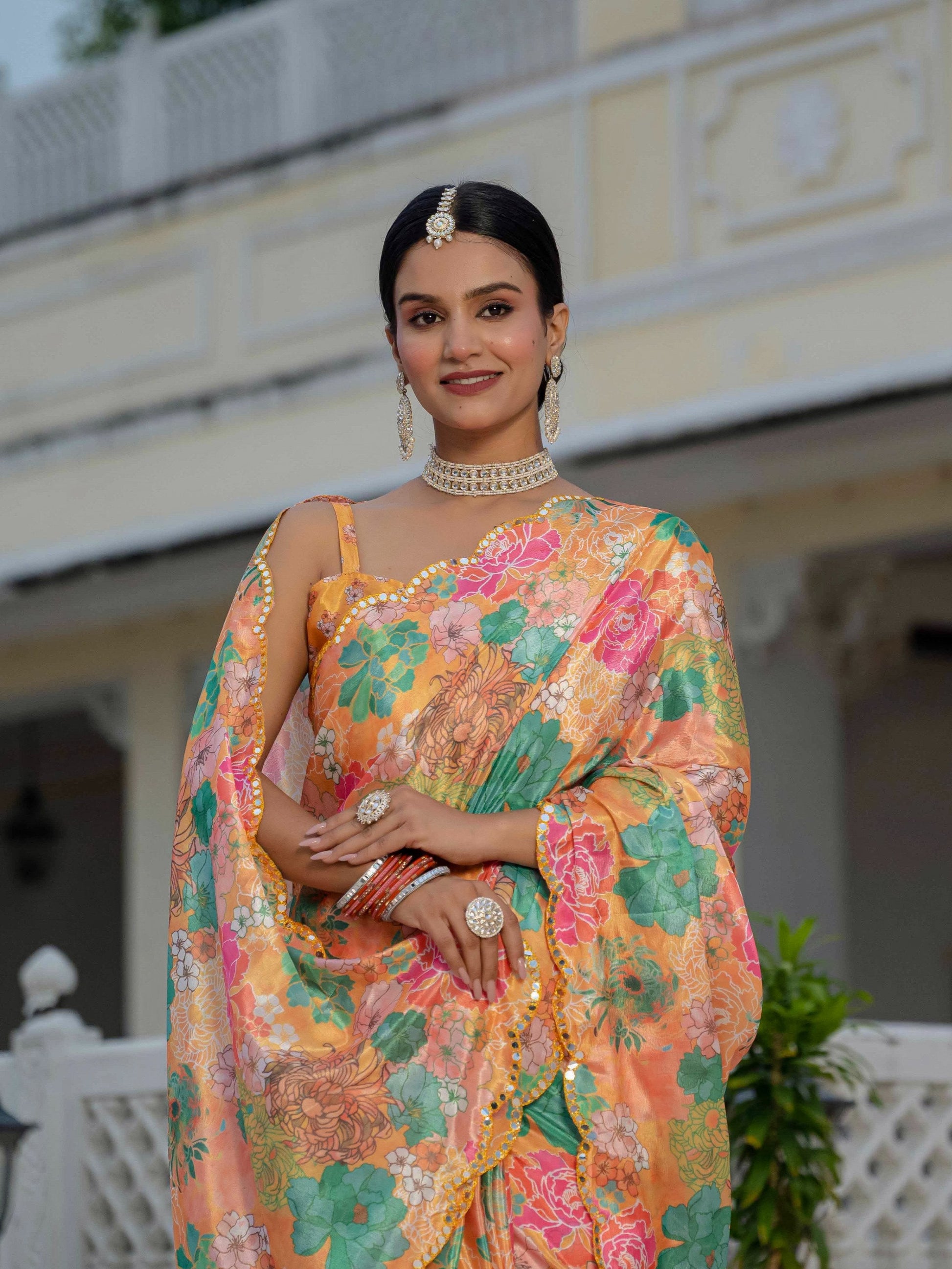 Jyoti Fashion Women's Multicolor Chinon Digital Print with Mirror Saree with Blouse | Swadesiicart