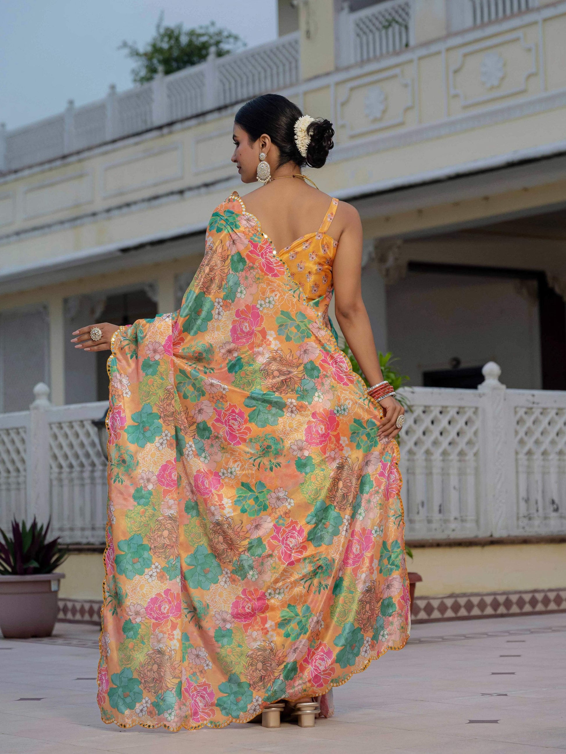 Jyoti Fashion Women's Multicolor Chinon Digital Print with Mirror Saree with Blouse | Swadesiicart