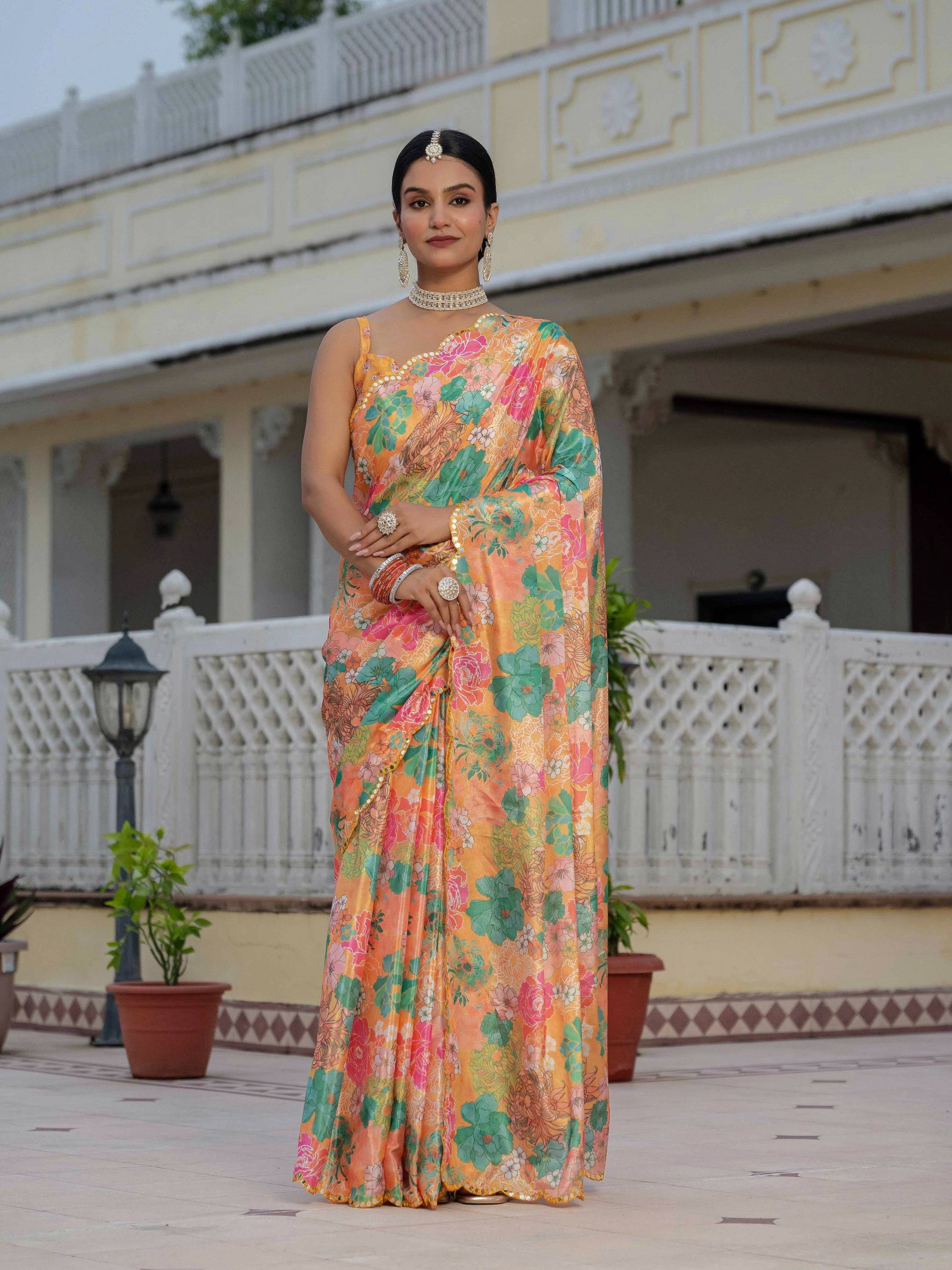 Jyoti Fashion Women's Multicolor Chinon Digital Print with Mirror Saree with Blouse | Swadesiicart