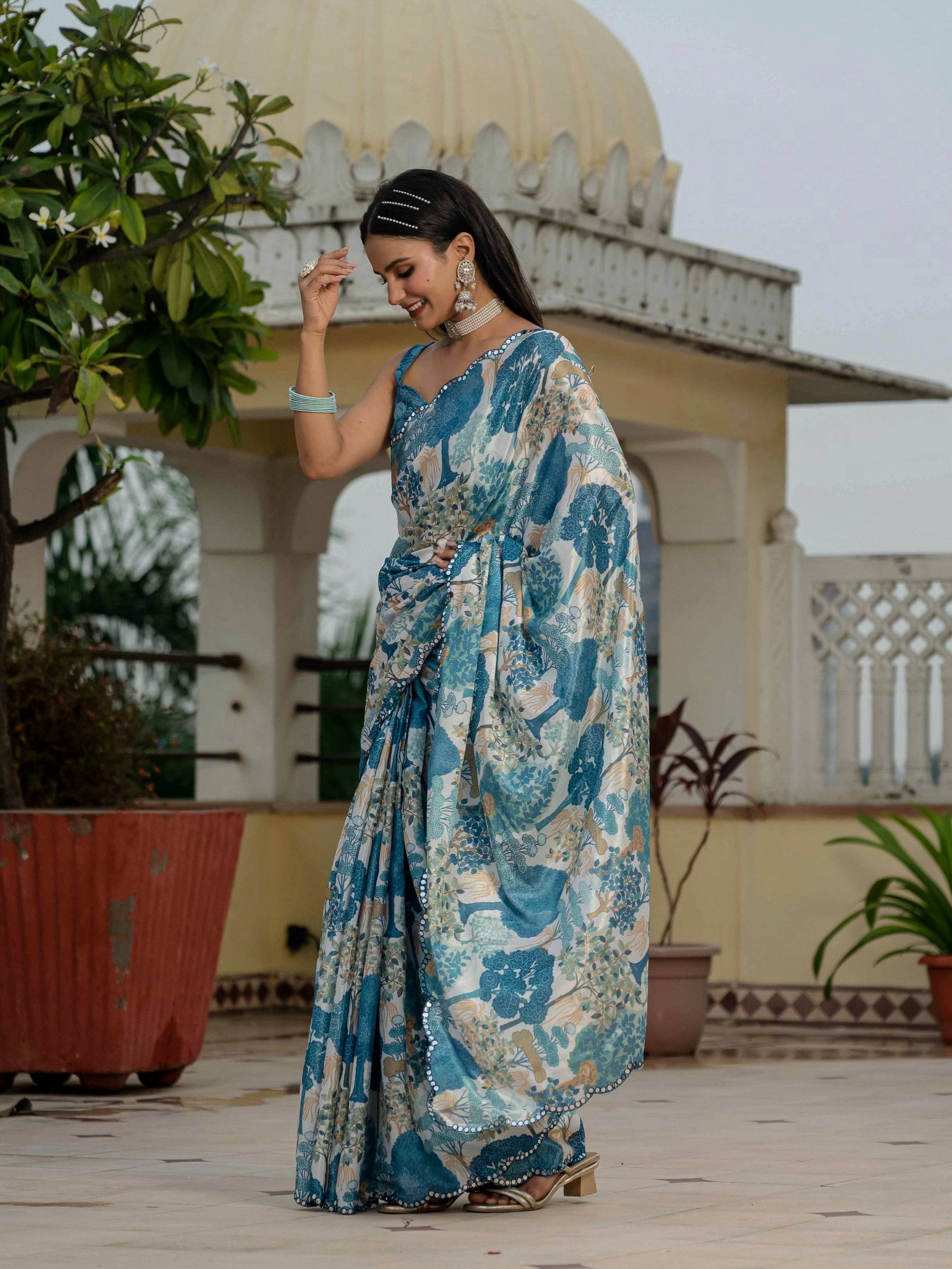 Jyoti Fashion Morpich Chinon Digital Print with Mirror Saree with Blouse | Swadesiicart