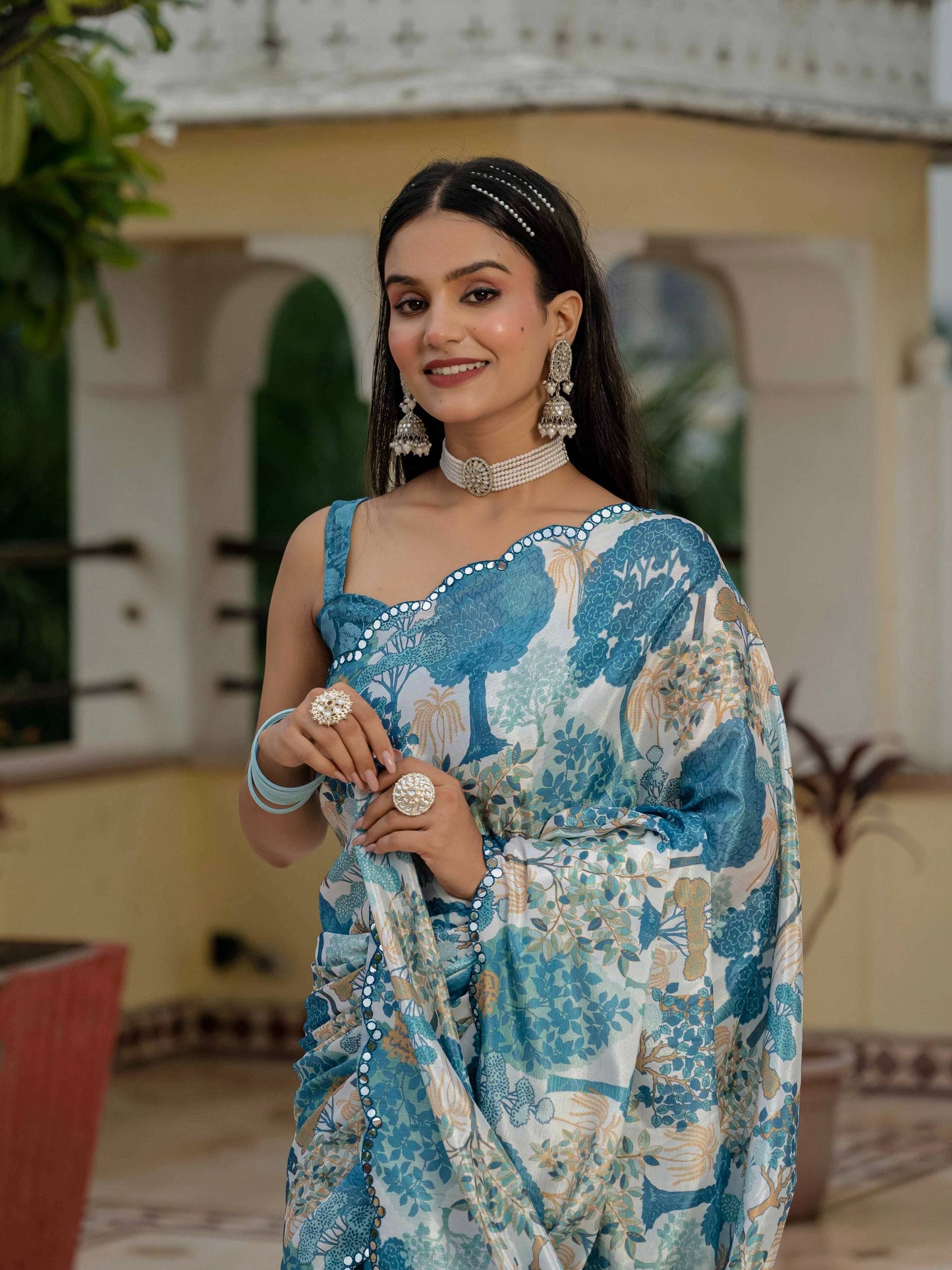 Jyoti Fashion Morpich Chinon Digital Print with Mirror Saree with Blouse | Swadesiicart