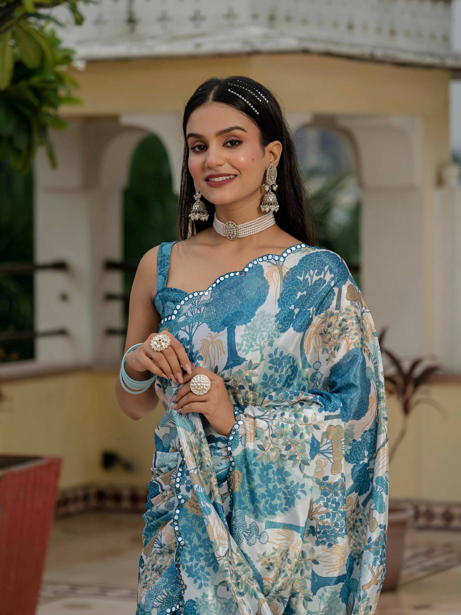 Jyoti Fashion Morpich Chinon Digital Print with Mirror Saree with Blouse | Swadesiicart